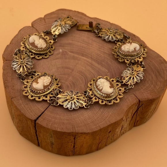 Antique Victorian CAMEO 800 Silver Filigree Shell Bracelet 4 Cameos - Picture 3 of 14